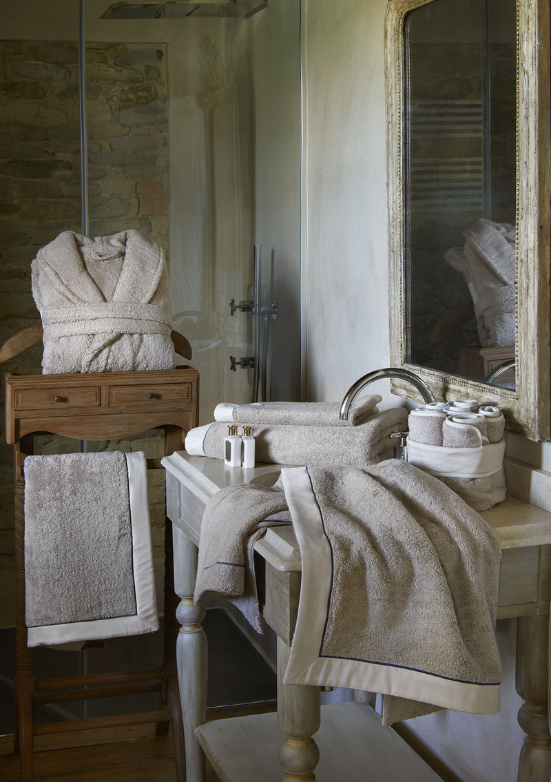Nymph Model Set of Towel, Face and Guest Towel, Washcloths and Bathrobe with Oxford Finish and Satin Edge